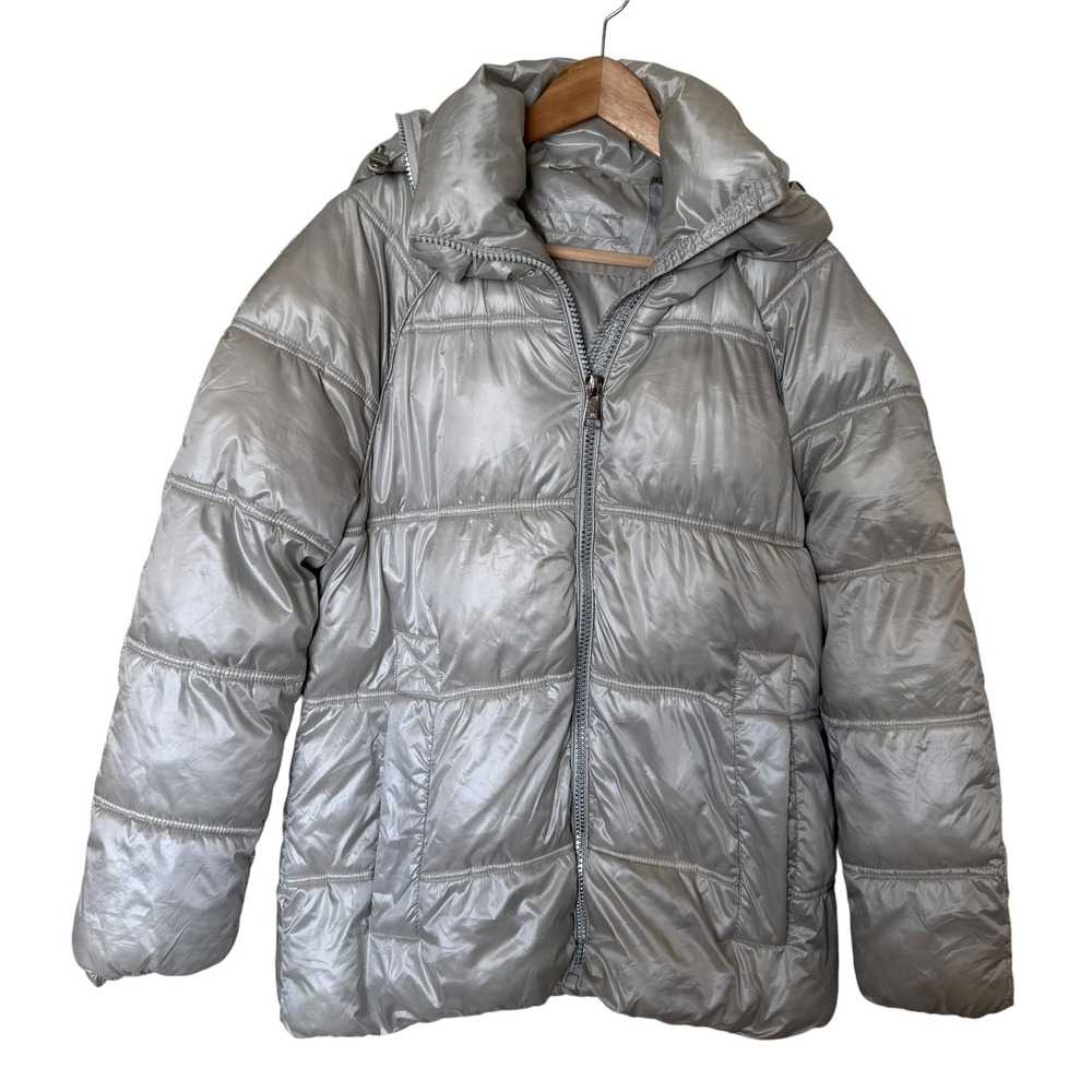 Kenneth Cole Puffer Jacket Womens Silver Metallicβ Hooded Quilted Coat Good